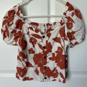 Monteau White & Rust Orange Cropped Puff Sleeve Linen Top Size Medium